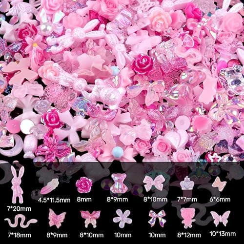 Sinyanail 300pcs Nail Art Charms Kit,Over 100pcs Mixshape Resin Gems and 100 pcs Mixed Flatback Nail Rhinestones Pearls with Over 100pcs Sequins for Women's Manicure Making (Pink) thumbnail 3