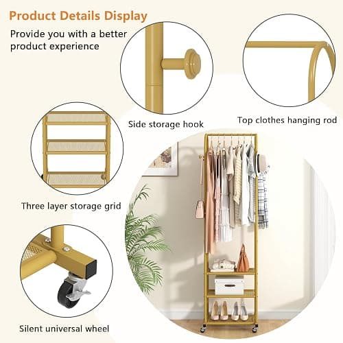 Kaitiemoo Heavy Duty Clothing Rack with Wheels,Modern Garment Rack with 3 Metal Shelves, 71.8Inches Display Rack for Hanging Clothes, Hanging Rod for Small Space,Gold thumbnail 5
