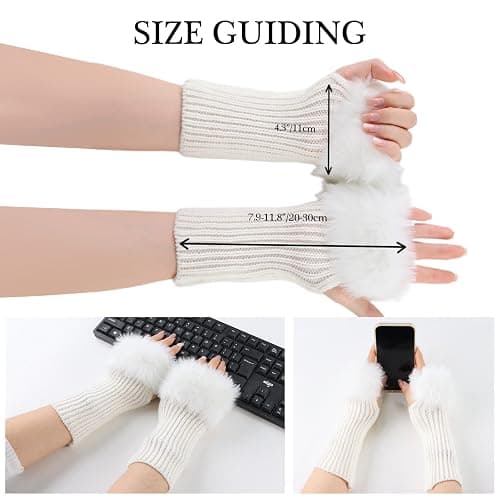 Lcaiualu Winter Women Fingerless Gloves Knitted Arm Warmers Hand Mittens ThumbHole Faux Fur Wrist Short Cuff for Women thumbnail 5