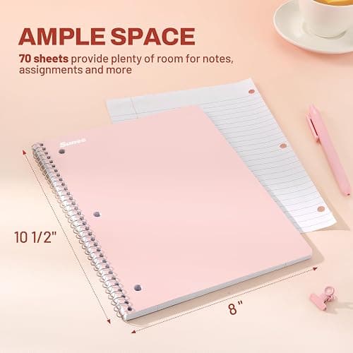 SUNEE Spiral Notebooks, 1-Subject, 5 Pack, College Ruled Paper, 8" x 10-1/2", 70 Sheets per Notebook,3-Hole Punched Paper, Pink,Purple, Blue, Green, Yellow Spiral Lined Notebooks for School,Work thumbnail 3
