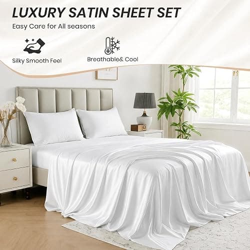 Silk Satin Sheets Queen, Silky Fitted Bed Sheets with 10" Deep Pocket Summer Cooling Sheets Luxury Hotel Satin Pink Fitted Sheets + Flat Sheet + Pillowcases thumbnail 3