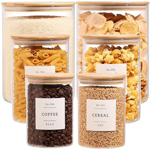 6-Pack Borosilicate Glass Storage Jars with Bamboo Lids + 132 Pre-Printed Pantry Labels Included, BPA-Free Thicken Airtight Containers for Flour, Sugar, Rice, Microwave & Freezer Safe(100OZ/54OZ/27OZ) - Image 1