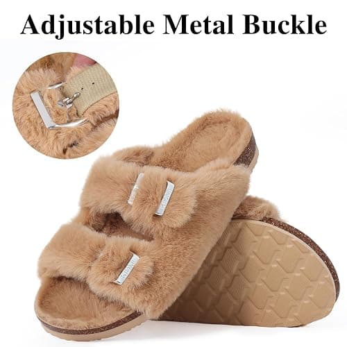 KIDMI Fuzzy Slippers Women with Cork Footbed Fluffy Slides Open Toe Indoor House Shoes | Arch Support | Adjustable Buckles thumbnail 4