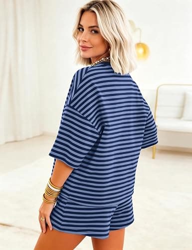MISSACTIVER Womens 2 Piece Lounge Sets Striped Oversized Matching Tops and Shorts Summer Workout Vacation Outfits Pajamas Set thumbnail 4