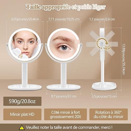 MOMOKUBA Miroir Grossissant Lumineux X 20, Miroir Grossissant sur Pied 8", miroirs Maquillage Lumineux sur Pied Double Face 3 Couleurs 64 LED, Rechargeable Rotation 360° thumbnail 3