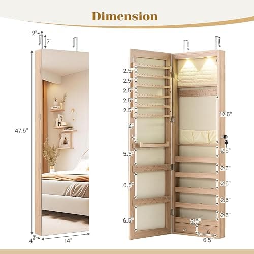 Giantex Wall or Door Mounted Jewelry Armoire with 47.5" Full Length Mirror, Lockable Cabinet with 2 LED Lights, 2 Drawers, Over the Door Large Jewelry Storage Organizer (Light Oak) thumbnail 3
