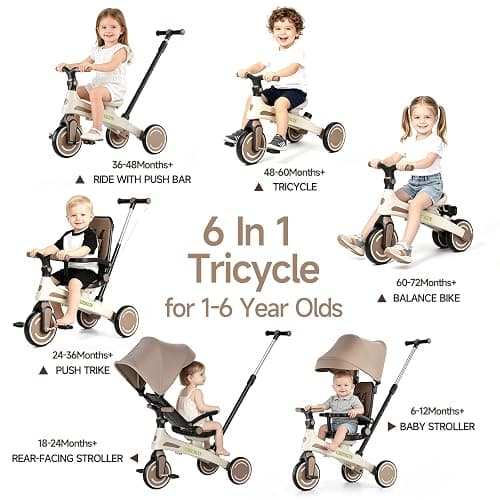 Kids Tricycle, 6 in 1 Baby's Toddler Trike with Adjustable Handle(Coffee) | Reversible Seat and Canopy, Baby Stroller for 1-6 Year Olds, All-Terrain Wheels, Best Gift Suitable for Outdoor Activities thumbnail 4