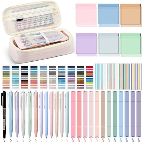 135 Pcs Book Annotation Kit Aesthetic Pencil Case Bag with 12 Highlighter 11 Gel Pen 1 Marker 300 Sheets Transparent Sticky Notes Pads 2640 Index Tabs Bible Study Supplies for School Gift(Pink) - Image 1