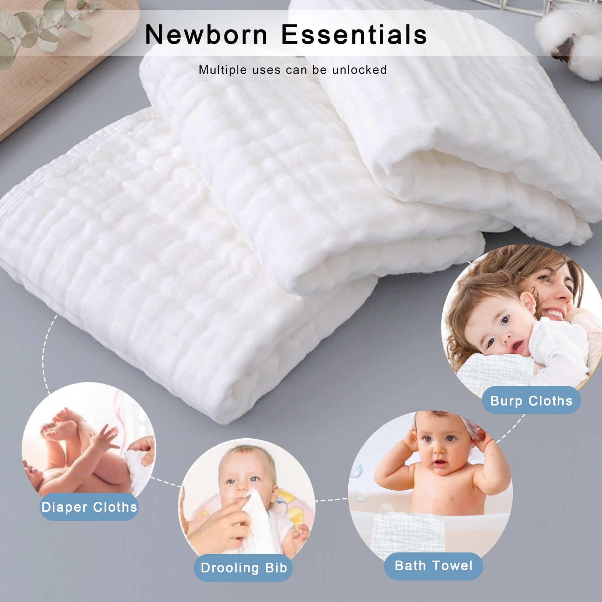 10-Pack Burp Cloths,100% Cotton Muslin Thickened Baby Burp Cloths Super Soft and Absorbent, Newborn Towels 20" x 10"(White) thumbnail 4