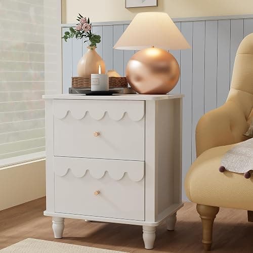 White Nightstand Side End Table with 2 Drawers, Modern Wood Night Stand with Petal Pattern for Bedroom, Scalloped Bedside Night Tables with Solid Wood Legs - Image 1
