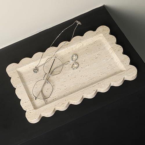 Natural 100% Marble Vanity Tray Luxury Scalloped Marble Storage Rectangle Italian Travertine Tray for Home Decor Stone Tray for Bathroom/Kitchen/Candle Key (Rectangle-11.8 * 7.4-Beige Travertine) thumbnail 8