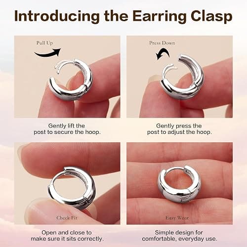 Poxtex Thick Silver Chunky Huggie Hoop Earrings for Women, Hypoallergenic Small Sterling Silver Cartilage Hoops Stacks, 14K Gold Plated Lightweight Dainty Jewelry Set for Multiple Piercings 6/8/10/12mm thumbnail 5
