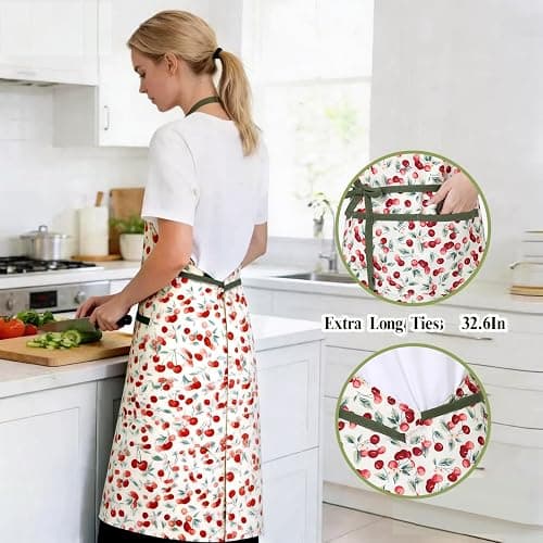 BOUND DUO Women's Cherry Floral Print Vintage Kitchen Cooking Apron | Adjustable Tie Straps & Big Storage Pockets, Cute Gardening Pinafore, Nice Gift for Baking & Tea Lovers(Cherry red) thumbnail 5