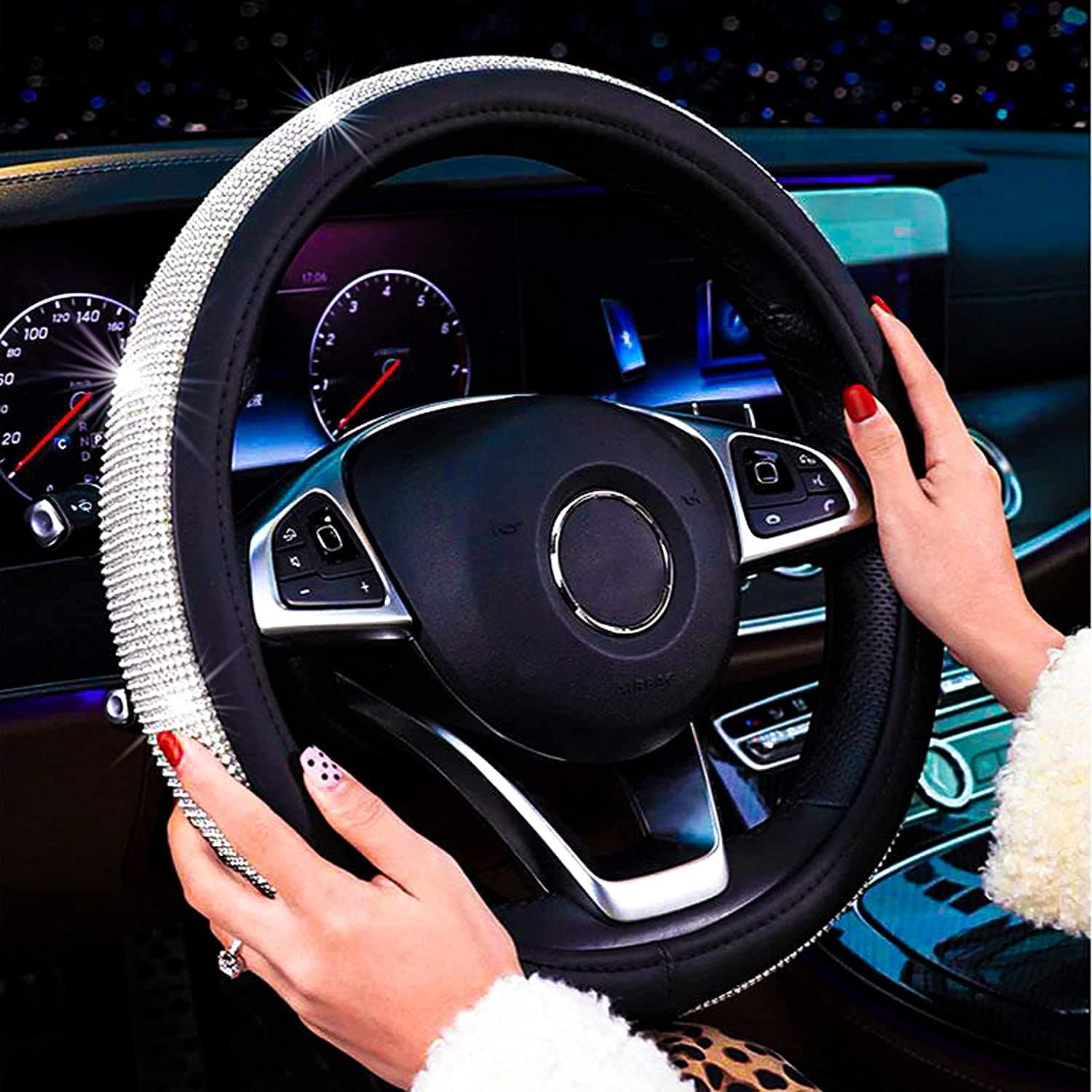 New Diamond Leather Steering Wheel Cover with Bling Bling Crystal Rhinestones, Universal Fit 38 CM Car Wheel Protector for Women Girls thumbnail 2