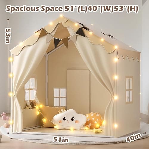 EagleStone 2-in-1 Kids Tent,Large Play Tent with Padded Mat and Lights,Kids Playhouse with 2 Doors & 4 Windows,2 Large Side Pockets,Indoor Outdoor Kid Play Tent for Toddlers,53" x40" x 51" thumbnail 2