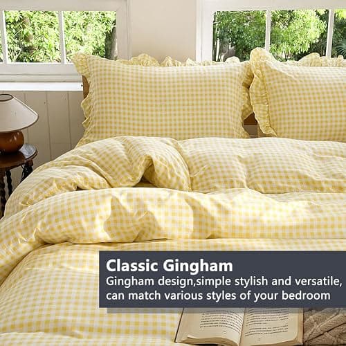 NSNLGSGC Yellow Gingham Ruffle Duvet Cover Twin Size, 2 Pieces Soft Pre-Washed Microfiber Checked Plaid Comforter Cover Set, Vintage Farmhouse Bedding Set(Yellow Gingham, Twin 68"x90") thumbnail 3