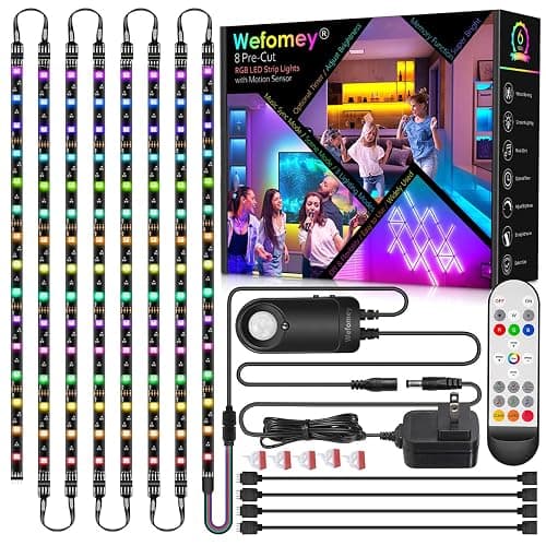 8 PCS RGB Under Cabinet Lighting Kit, 12v Motion Sensor LED Light Strip with Remote, ETL Listed Power Adapter, Music Sync Color Changing Led Lights for Shelves, Cabinet, Counter, Bookcase, 13ft - Image 1