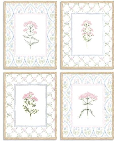 Pink Blue Floral Nursery Wall Art Watercolor Wildflower Pictures Wall Decor Sage Green Botanical Posters Vintage Grandmillenial Flower Painting Print Artwork for Baby Girls Room Bedroom, Unframed - Image 1