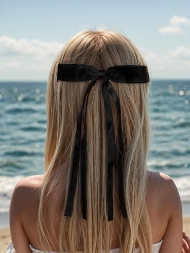 4pcs Hair Clips for Women Tassel Ribbon Bowknot With Long Tail, Clip Girl, Solid Accessories Barrettes Claw Bow (Black&Beige) thumbnail 4