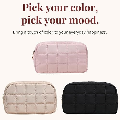 Makeup Bag, Quilted Puffy Travel Toiletry Bag with Compartments, Wide-Open Cosmetic Bag for Women, Pouch Purse Organizer, Black thumbnail 3