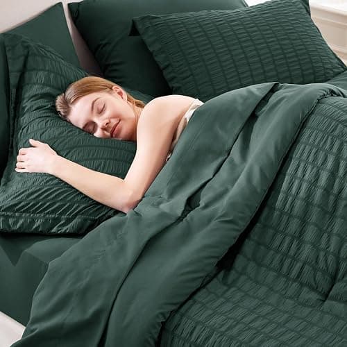 CozyLux Full Comforter Sets, 7 Pieces Forest Green Seersucker Bed in a Bag | OEKO-TEX Certified, All Season Bedding Set with 240 GSM Down Alternative Comforter, Flat & Fitted Sheets, Pillowcases & Shams thumbnail 9