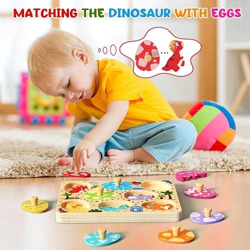 Zeoddler Wooden Puzzles for Toddlers, 8 Pcs Dinosaur Matching Egg Puzzle, Montessori Toys for Boy Girl Easter Birthday Gifts, Preschool Learning Activities & Educational Toys for Boys, Girls thumbnail 3