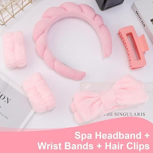 Canitor Spa Headband Wrist Bands Set with Hair Clips Skincare for Washing Face Skin Care Makeup Preppy Tween Teen Girl Gifts Cute Trendy Stuff Hair Accessories for Women (pink) thumbnail 3