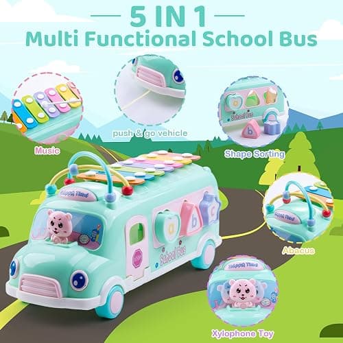 Baby School Bus Xylophone Toy for Toddlers 1-3, 5-in-1 Montessori Musical Bus Toys Gifts for 1 Year Old Baby Girl, Shape Sort Toys Knocking Xylophone Educational Instruments Birthday Gift Boy Girl thumbnail 4