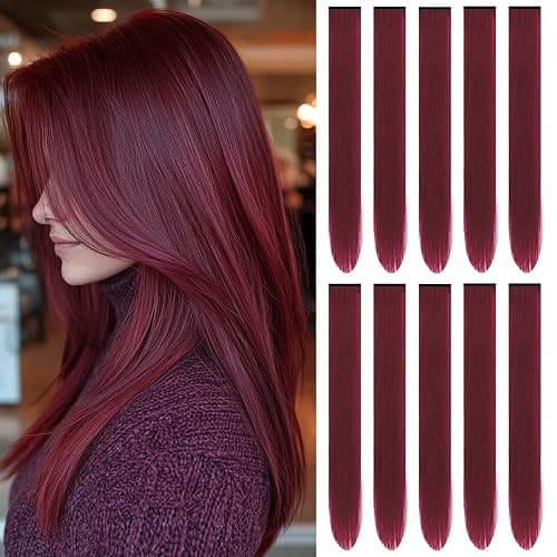 TOFAFA 22 inch Burgundy Hair Extensions, Colored Party Highlights Clip in Synthetic Cherry Red Hair Extensions, Colorful Long Straight Hairpieces for Girls Women Kids Favor Gift(10 PCS Wine Red) - Image 1