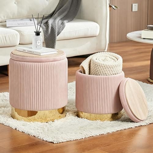 2BYF Round Ottoman with Storage Set of 2 Upholstered Velvet Vanity Stool for Living Room Storage Ottomans Multifunctional Foot Rest (Pink) thumbnail 2