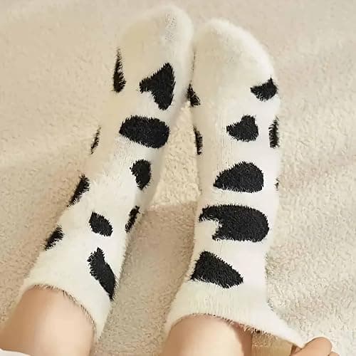 Lefe Liee Fuzzy Cow Print Socks for Women - Warm, Thick, Cozy Slouchy Slipper Socks - Fall Gifts, Cow Themed Gifts thumbnail 7