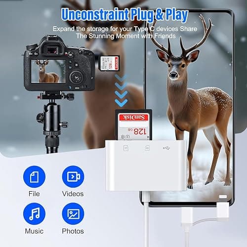 SD Card Reader for iPhone iPad, Built-in Lightning USB-C Dual Port SD Card Adapter with SD MicroSD USB 3 Slots Trail Camera Memory Card Viewer, No App Required, Plug and Play thumbnail 7