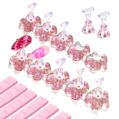 Makartt Nail Stand: Nail Art Display Practice Nail Stand for Press on Nails, Pink Flower Nail Holder for DIY Designs, Magnetic Press on Nail Stand with 48PCS Reusable Adhesive Putty for Home DIY Salon - Image 1