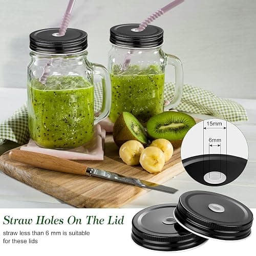Mudder 8 Pieces Metal Regular Mouth Mason Canning Jar Lids with Straw Hole Leak Proof Reusable Jar, 2.7 Inch (Black) thumbnail 5