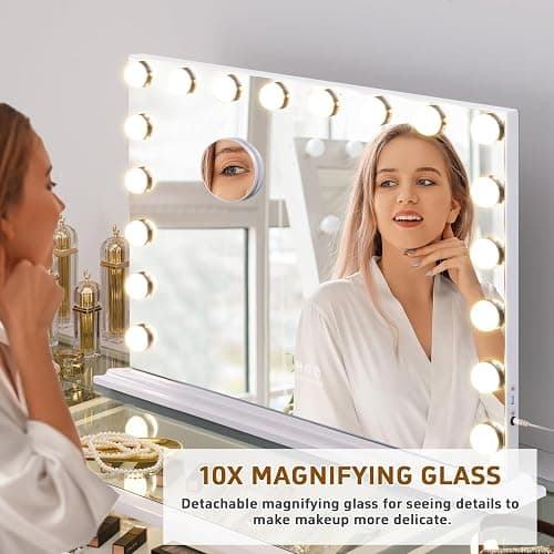 FENCHILIN Miroir Maquillage avec 18 Ampoules LED Miroir Coiffeuse Lumineux avec Port USB Grand mirroir maquilleur Lumineux avec 3 Modes déclairage Miroir Hollywood Coiffeuse Blanc 80x60 cm thumbnail 7