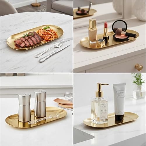 Vaincre Gold Decorative Jewelry Tray - 2PCS Stainless Steel Oval Trinket Ring Holder Dish, 7” Small Bathroom Vanity Kitchen Jewelry Plate Tray Decor for Storing Perfumes, Cosmetics, Candles, Key thumbnail 7
