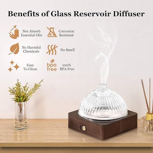 Lecdura Glass Essential Oil Diffuser with Glass Reservoir & WoodBase, 200ml Ultrasonic Lock Color Timer Auto-Off 7 Color Light Aroma Glass Dome Diffuser for Home Office Bedroom Yoga - Dark Brown thumbnail 3