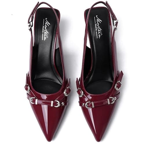 Mostrin Kitten Heels for Women Pointed Toe Pumps Patent Leather Low Heel Slingback Heels with Buckle Dress Shoes for Dating Party Working thumbnail 5