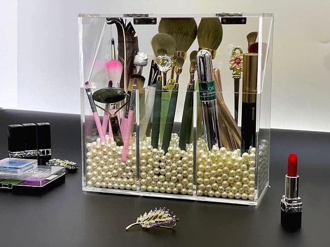 VASERDDY Acrylic Makeup Organizer,Clear Cosmetic Brush Storage Box With 3 Brush Holders,with Dust Cover, Large-capacity Split Design can Quickly Organize the Desktop (with3 bags of white pearls thumbnail 6