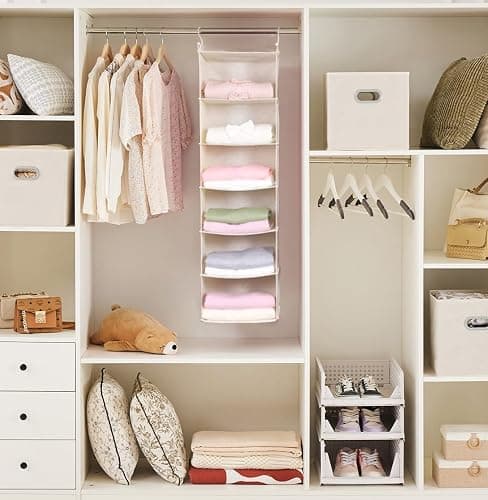 MAX Houser 6 Tier Shelf Hanging Closet Organizer, Cloth Hanging Shelf with 2 Sturdy Hooks for Storage, Foldable (Beige) - Beige thumbnail 4