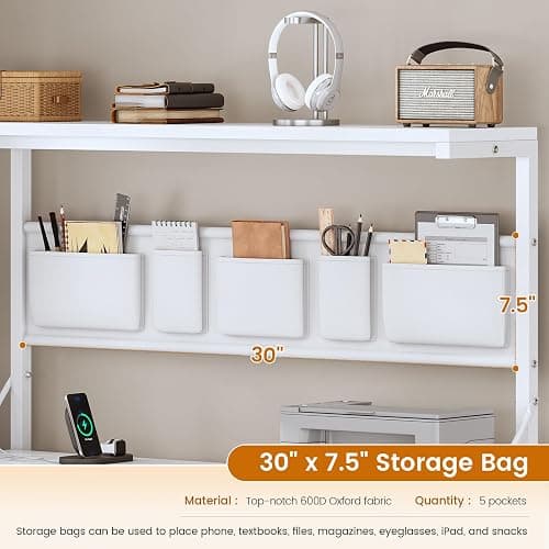 SEDETA Corner Computer Desk, Reversible L Shaped Computer Desk with Fabric Drawers and Power Outlet, 47.2” Gaming Desk with LED Lights, Storage Shelves and Hutch, White thumbnail 5