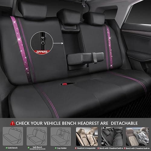 CAR PASS Bling Diamond Car Seat Covers Full Set, Shining Rhinestone Waterproof Faux Leather, Rear with Zipper, Universal Fit Automotive Glitter Crystal Sparkle Strips for Women Girl, Black Pink thumbnail 4
