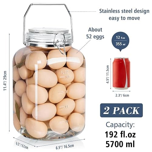 Folinstall 2 Pack 1.5 Gallon Glass Jar with Airtight Lid, 192 oz Square Wide Mouth Mason Jars with Stainless Steel Handle, Large Glass Storage Containers for Canning, Flour, Sugar, Rice, Pickled Eggs thumbnail 3