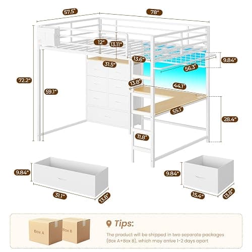 DICTAC Full Loft Bed with L-Shaped Desk and 7 Storage Drawers, Metal Full Size Loft Bed for Teen with LED Lights and Charging Station,13.11" H Safety Guardrail and Ladder,No Box Spring Needed, White thumbnail 2