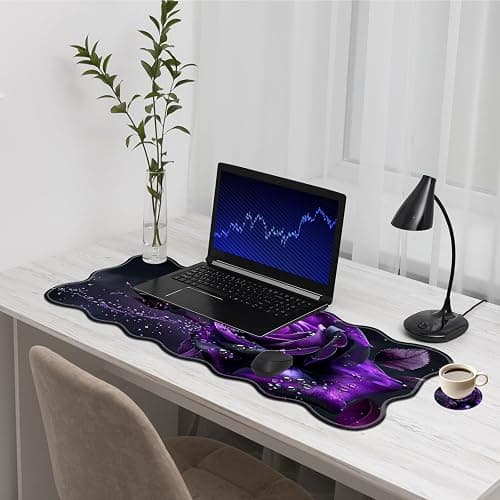 Desk Mouse Pad，Desk Mat for Keyboard and Mouse with Coasters,Durable Office Desk Mat 31.5"x 11.8", Large Gaming Keyboard Mouse Pad Non-Slip Rubber Pad-Purple Rose thumbnail 7