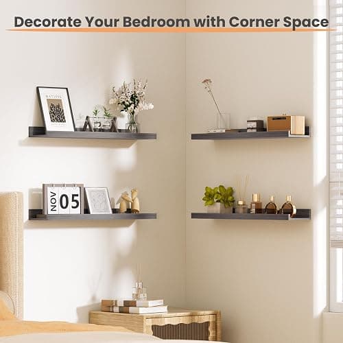 upsimples Floating Shelves for Wall, Wood Mounted Shelf Decor Storage Set of 6, for Bedroom, Living Room, Bathroom, Kitchen, 23.6 inch Long Picture Ledge, Grey thumbnail 2