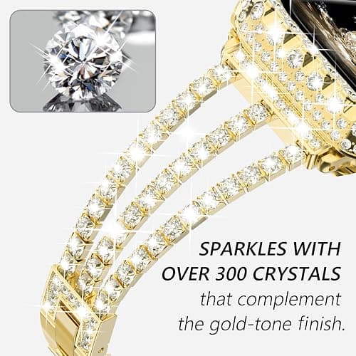 Surace Gold Apple Watch Bands 40mm for Women Series 6 5 4, Bling Diamond Rhinestone Link Bracelet with 2 in 1 Waterproof Bling Case Lace Edge Diamond Protective Bumper Face Cover, Gold thumbnail 5