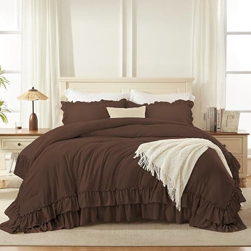 Andency Brown Ruffle Full Size Comforter Set, 3 Pieces | Vintage Farmhouse Shabby Chic, Soft Lightweight Fluffy Bed Comforter Sets, All Season Bedding Set thumbnail 2