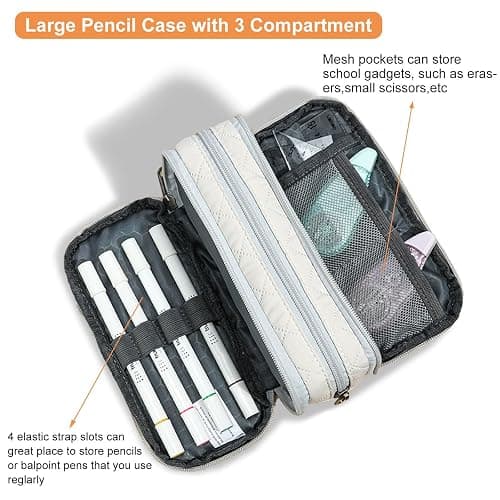 Della Gao Large Pencil Case, Big Capacity Pencil Pouch with 3 Compartments, Office Pencil Bag with Zipper, Big Pen Case for Adults (Beige-03RH) thumbnail 4