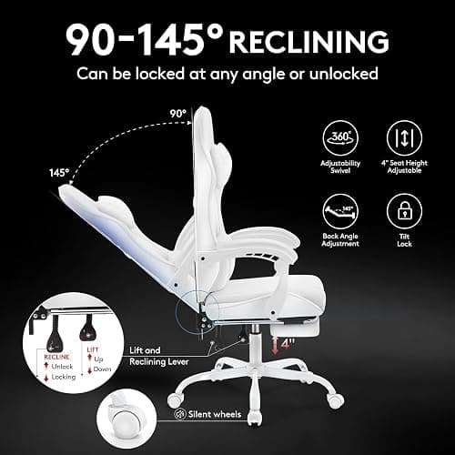 Morkprism White Gaming Chair,Computer Office Chair with Footrest,Massage Lumbar Support and Gel Pad,Ergonomic Reclining Adjustable Leather Gamer Chair with Headrest and Spring Cushion White thumbnail 8